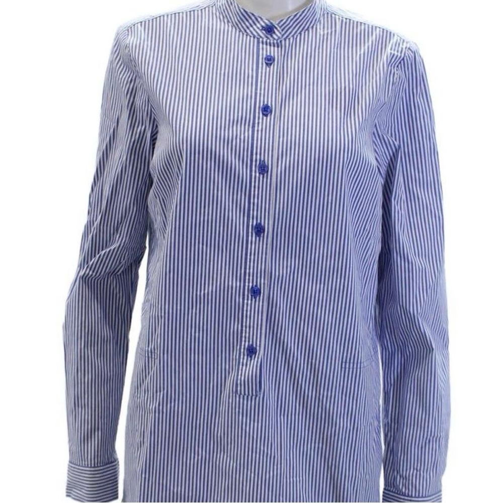 Michael Kors Blue and White Striped Mandarin-Collar Button Shirt